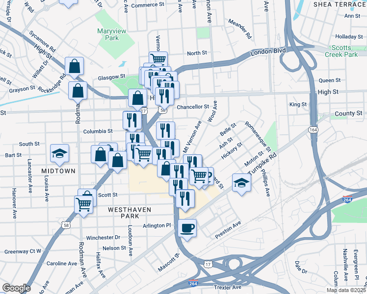 map of restaurants, bars, coffee shops, grocery stores, and more near 1504 Mount Vernon Avenue in Portsmouth