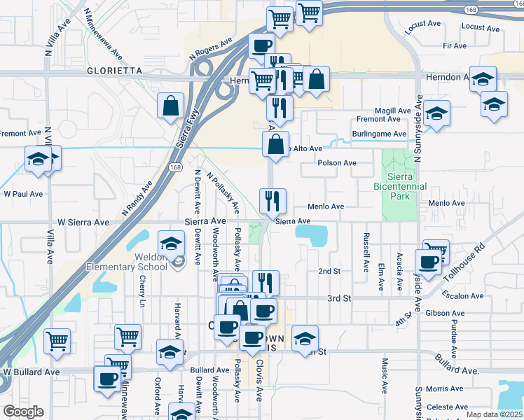map of restaurants, bars, coffee shops, grocery stores, and more near 25 North Clovis Avenue in Clovis