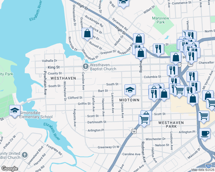 map of restaurants, bars, coffee shops, grocery stores, and more near 4011 South Street in Portsmouth