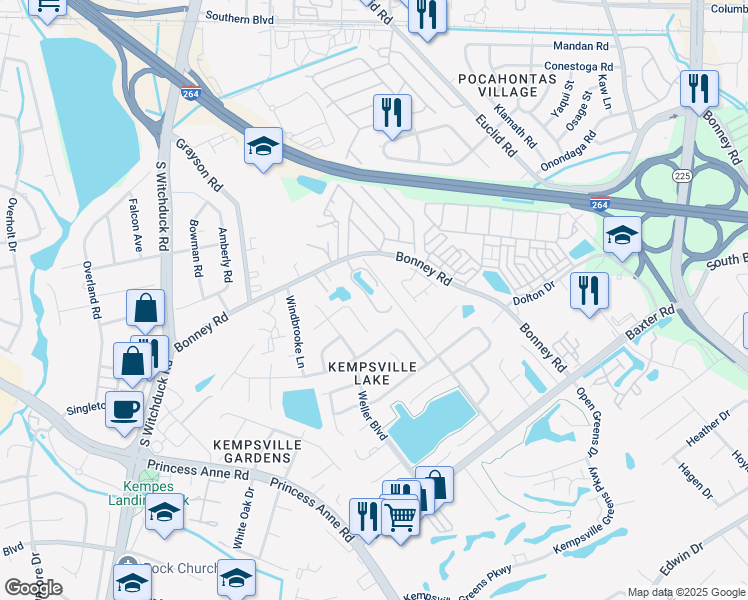 map of restaurants, bars, coffee shops, grocery stores, and more near 4942 Kemps Lake Drive in Virginia Beach