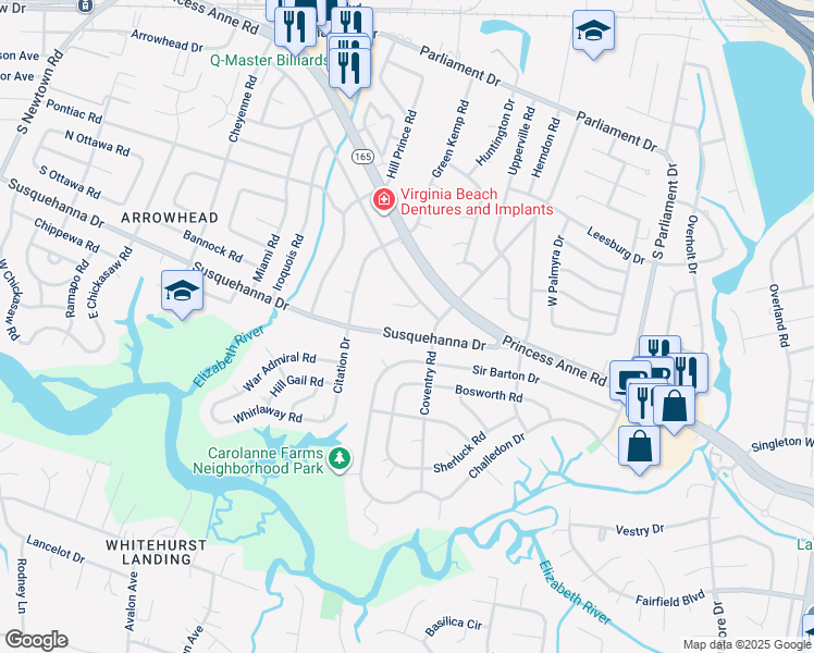 map of restaurants, bars, coffee shops, grocery stores, and more near 5412 Susquehanna Drive in Virginia Beach