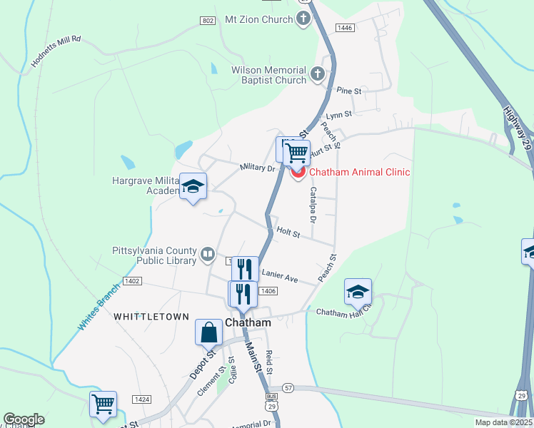 map of restaurants, bars, coffee shops, grocery stores, and more near 201 Main Street in Chatham