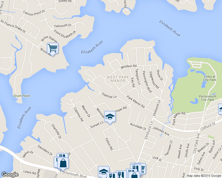 map of restaurants, bars, coffee shops, grocery stores, and more near 712 Windsor Road in Portsmouth