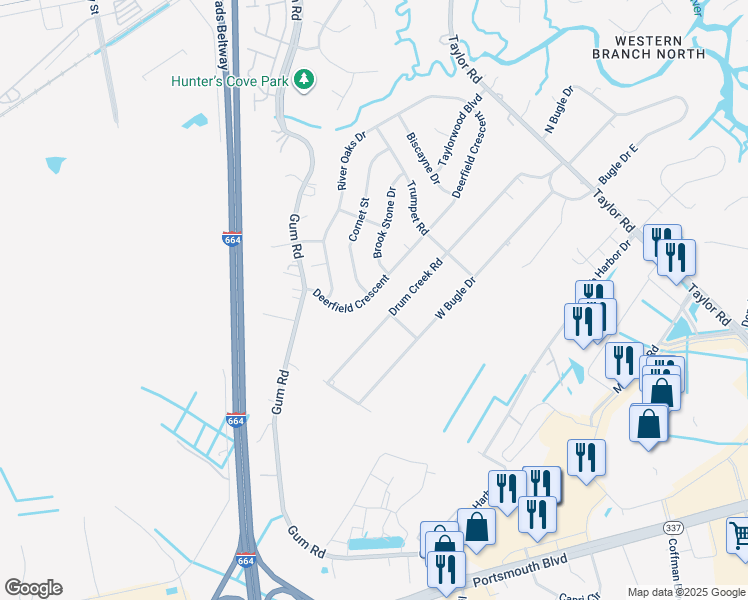 map of restaurants, bars, coffee shops, grocery stores, and more near 2645 Deerfield Crescent in Chesapeake
