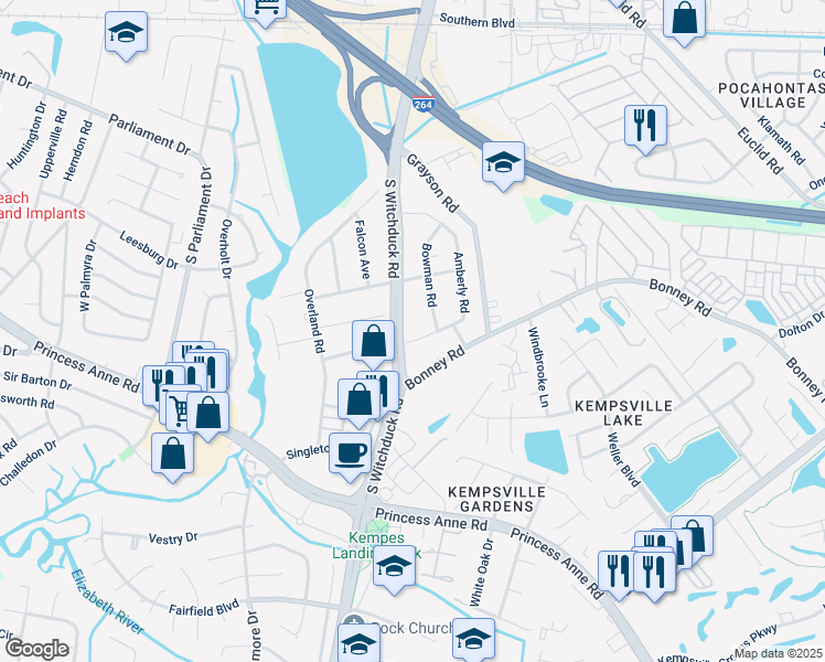 map of restaurants, bars, coffee shops, grocery stores, and more near 276 South Witchduck Road in Virginia Beach