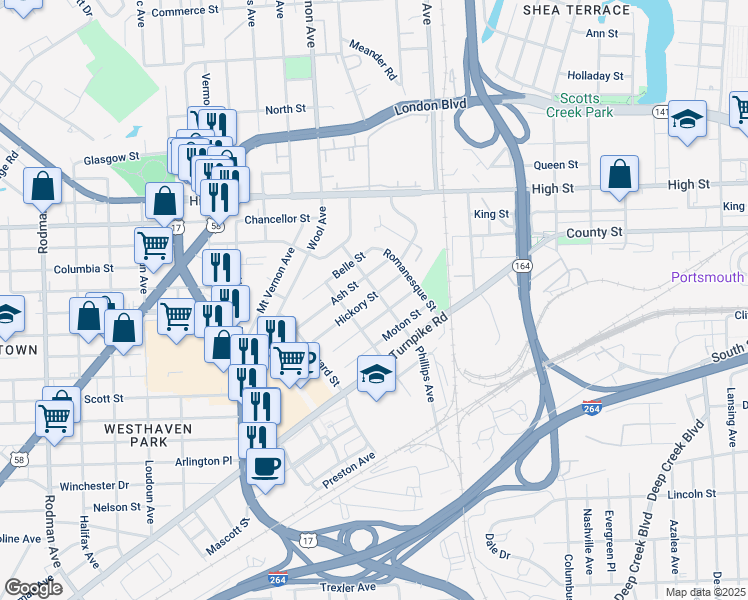map of restaurants, bars, coffee shops, grocery stores, and more near 321 Phillips Avenue in Portsmouth