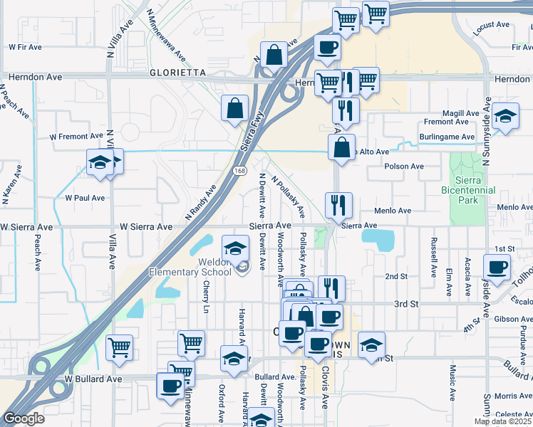 map of restaurants, bars, coffee shops, grocery stores, and more near 21 North Dewitt Avenue in Clovis