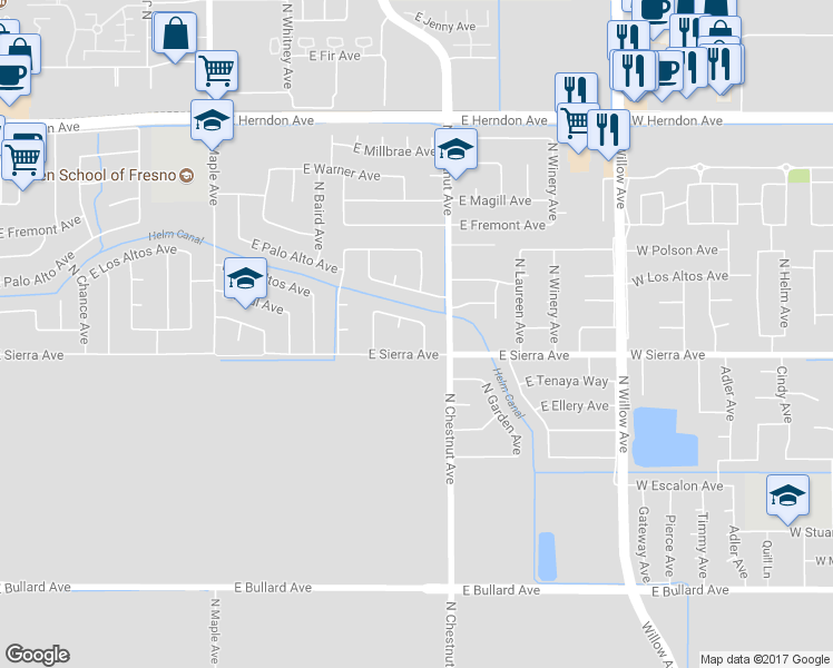 map of restaurants, bars, coffee shops, grocery stores, and more near 6523 North Dearing Avenue in Fresno