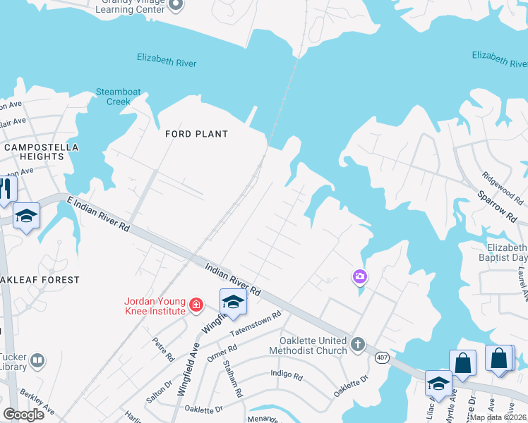map of restaurants, bars, coffee shops, grocery stores, and more near 2640 Indian River Road in Chesapeake