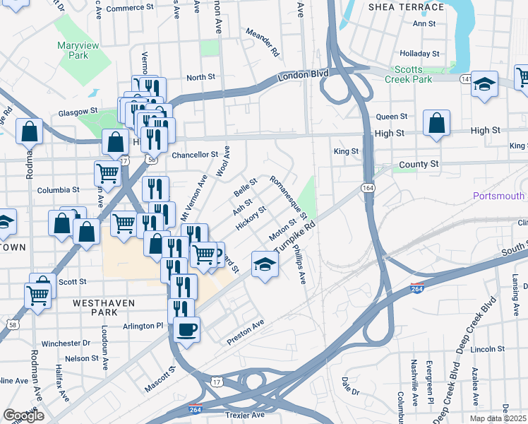 map of restaurants, bars, coffee shops, grocery stores, and more near 321 Phillips Avenue in Portsmouth