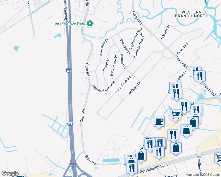map of restaurants, bars, coffee shops, grocery stores, and more near 2645 Deerfield Crescent in Chesapeake
