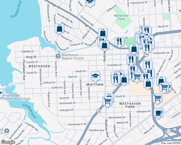 map of restaurants, bars, coffee shops, grocery stores, and more near 901 Louisa Avenue in Portsmouth