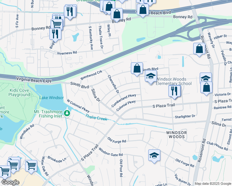 map of restaurants, bars, coffee shops, grocery stores, and more near 3844 William Penn Boulevard in Virginia Beach