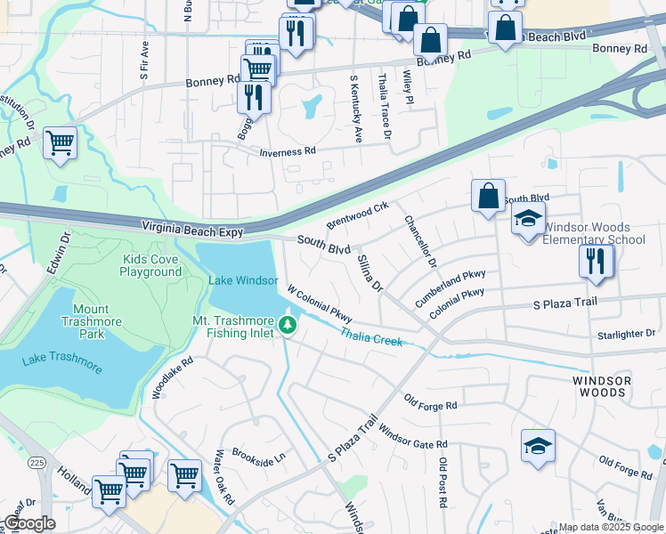map of restaurants, bars, coffee shops, grocery stores, and more near 209 Cortland Lane in Virginia Beach