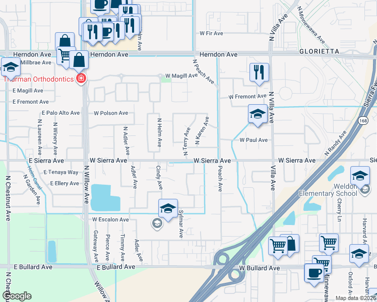 map of restaurants, bars, coffee shops, grocery stores, and more near 494 West Menlo Avenue in Clovis