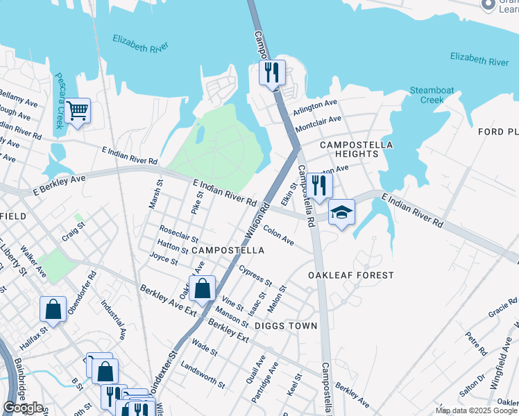 map of restaurants, bars, coffee shops, grocery stores, and more near 1317 E Indian River Rd in Norfolk