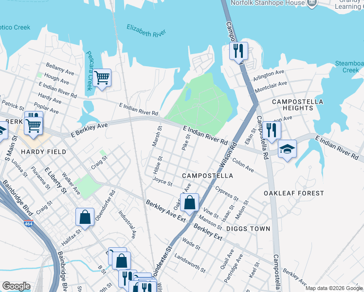 map of restaurants, bars, coffee shops, grocery stores, and more near 1201 Pike Street in Norfolk