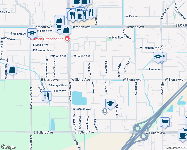 map of restaurants, bars, coffee shops, grocery stores, and more near 636 West Menlo Avenue in Clovis
