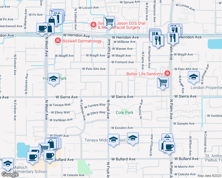 map of restaurants, bars, coffee shops, grocery stores, and more near 6450 North Fruit Avenue in Fresno