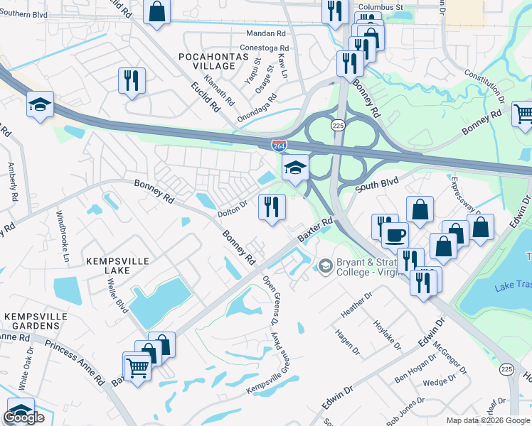 map of restaurants, bars, coffee shops, grocery stores, and more near 312 General Clark Court in Virginia Beach