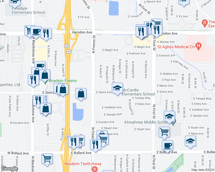 map of restaurants, bars, coffee shops, grocery stores, and more near 365 E Menlo Ave in Fresno