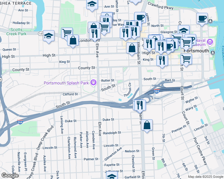 map of restaurants, bars, coffee shops, grocery stores, and more near 1009 Bismarck Myrick Cresent in Portsmouth