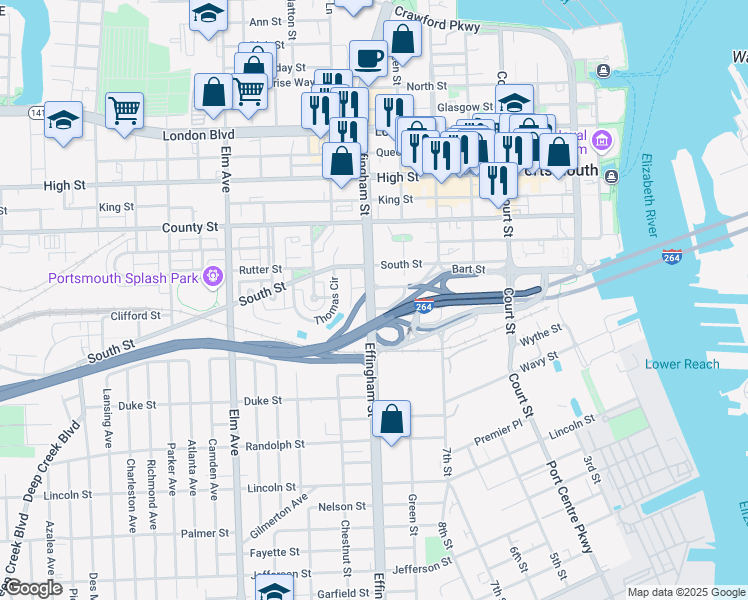 map of restaurants, bars, coffee shops, grocery stores, and more near 1019 Effingham Street in Portsmouth