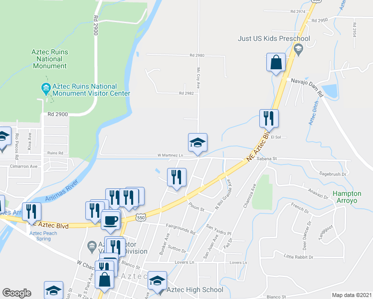map of restaurants, bars, coffee shops, grocery stores, and more near 901 Mc Coy Avenue in Aztec