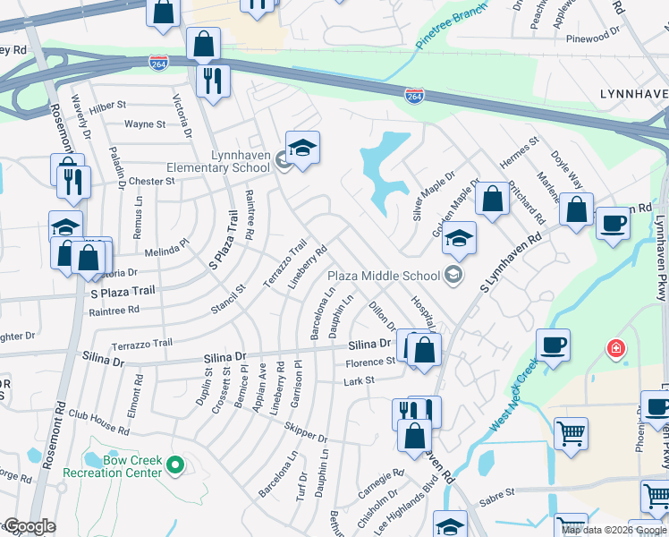 map of restaurants, bars, coffee shops, grocery stores, and more near 300 Garrison Place in Virginia Beach