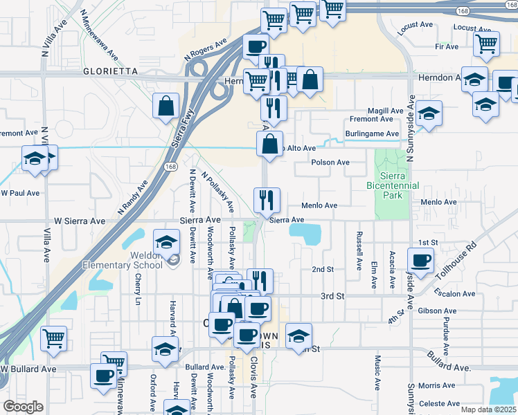 map of restaurants, bars, coffee shops, grocery stores, and more near 25 North Clovis Avenue in Clovis