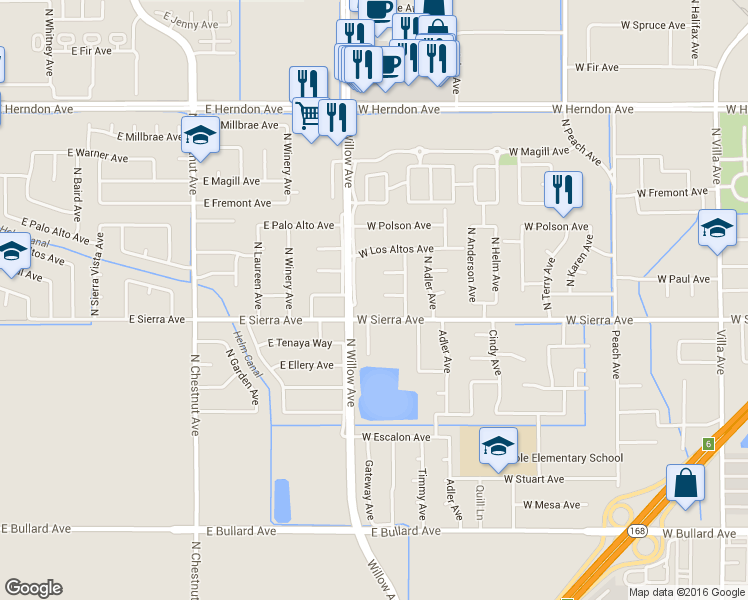 map of restaurants, bars, coffee shops, grocery stores, and more near 782 West Menlo Avenue in Clovis