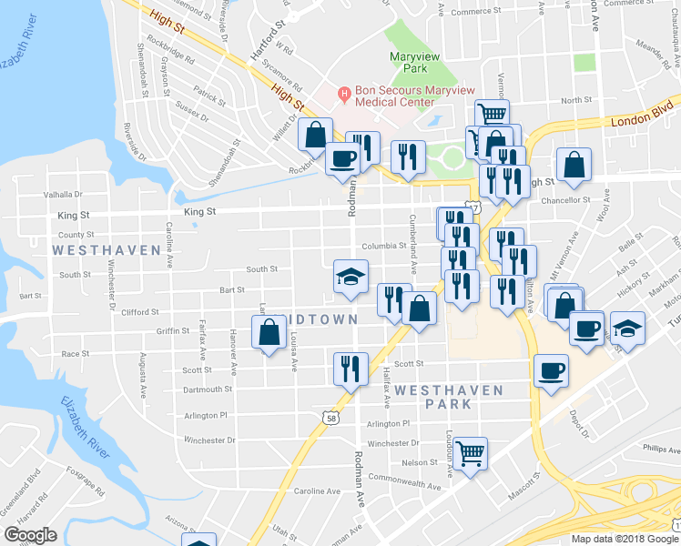 map of restaurants, bars, coffee shops, grocery stores, and more near 3715 South Street in Portsmouth