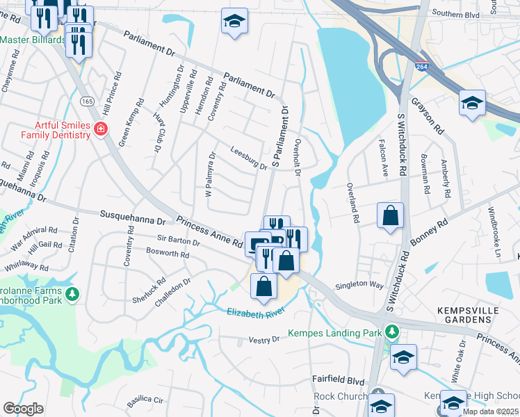 map of restaurants, bars, coffee shops, grocery stores, and more near 301 South Parliament Drive in Virginia Beach