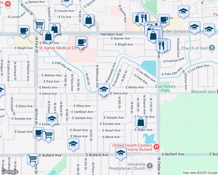 map of restaurants, bars, coffee shops, grocery stores, and more near 6437 North 7th Street in Fresno