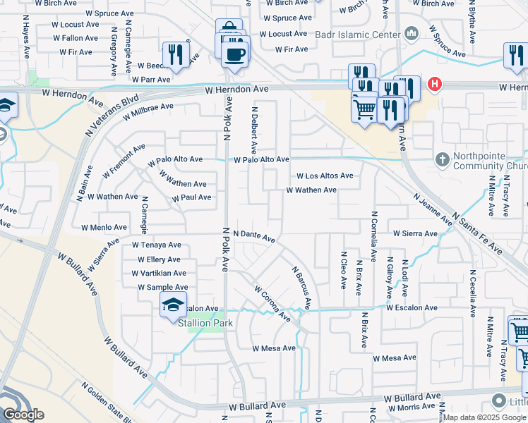 map of restaurants, bars, coffee shops, grocery stores, and more near 6479 North State Avenue in Fresno