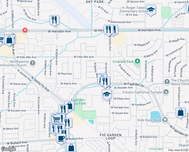 map of restaurants, bars, coffee shops, grocery stores, and more near 4112 West Menlo Avenue in Fresno