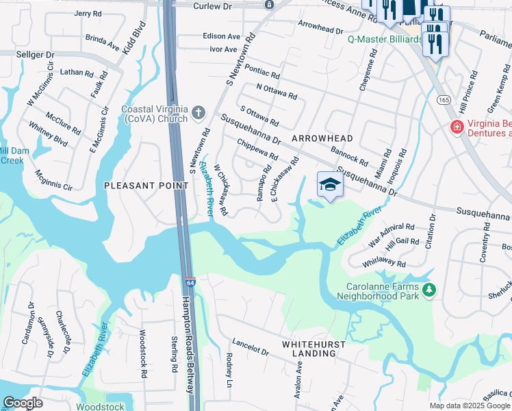 map of restaurants, bars, coffee shops, grocery stores, and more near 452 West Chickasaw Road in Virginia Beach