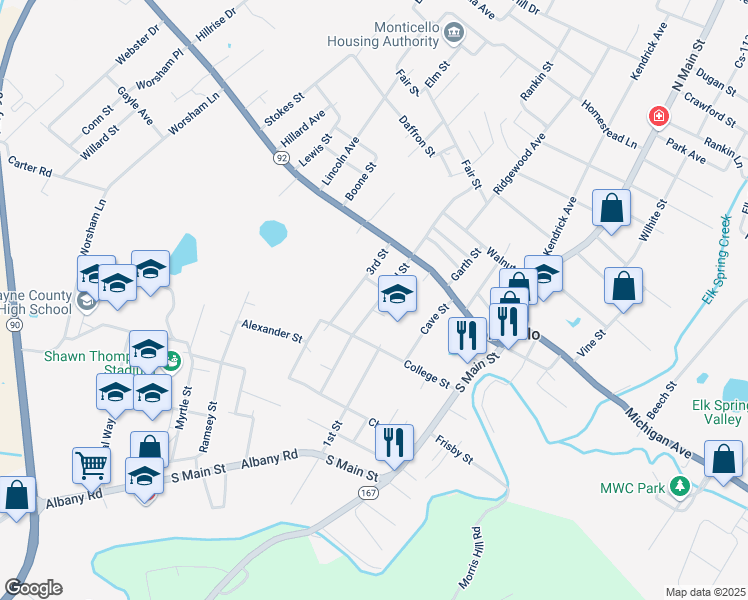 map of restaurants, bars, coffee shops, grocery stores, and more near 144 2nd Street in Monticello