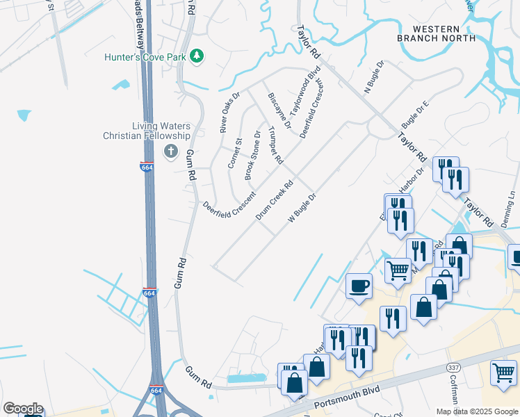 map of restaurants, bars, coffee shops, grocery stores, and more near 2520 Drum Creek Road in Chesapeake