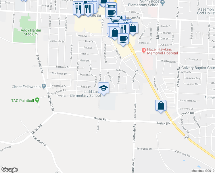 map of restaurants, bars, coffee shops, grocery stores, and more near 540 Leisure Court in Hollister