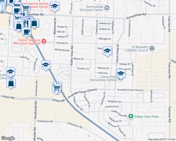 map of restaurants, bars, coffee shops, grocery stores, and more near 1341 Scenic Circle in Hollister