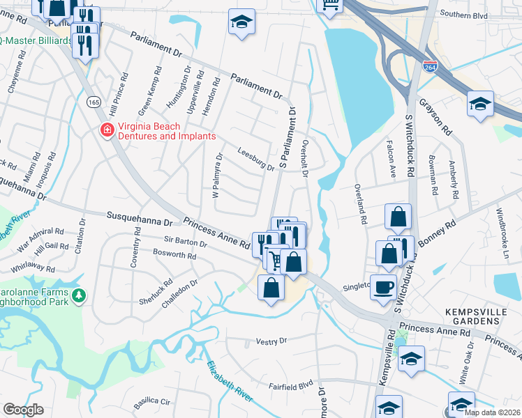 map of restaurants, bars, coffee shops, grocery stores, and more near 301 South Parliament Drive in Virginia Beach