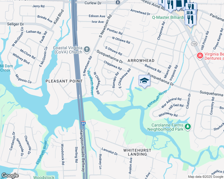 map of restaurants, bars, coffee shops, grocery stores, and more near 452 West Chickasaw Road in Virginia Beach