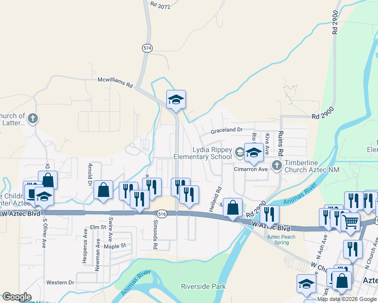 map of restaurants, bars, coffee shops, grocery stores, and more near 50 Road 3400 in Aztec