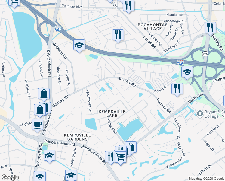 map of restaurants, bars, coffee shops, grocery stores, and more near 4948 Kemps Lake Drive in Virginia Beach