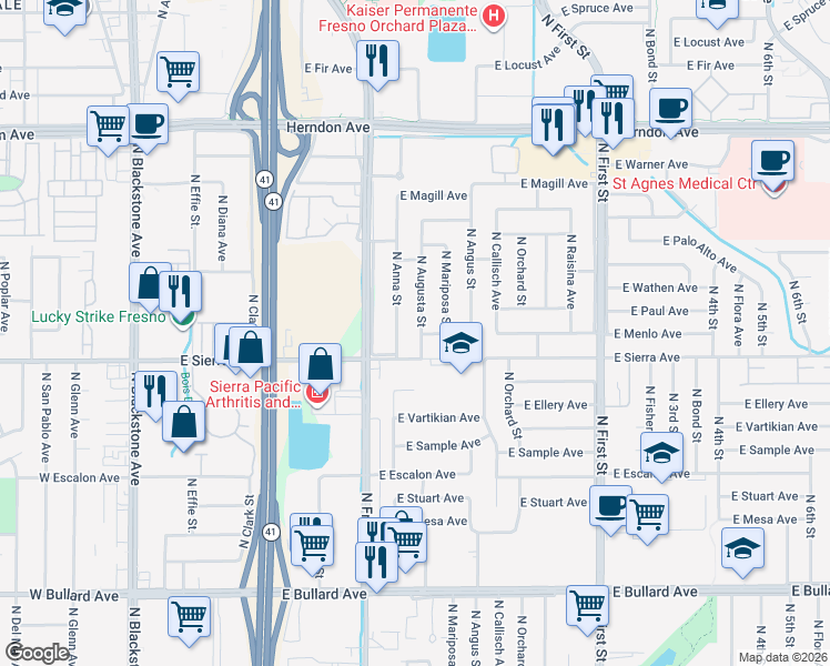 map of restaurants, bars, coffee shops, grocery stores, and more near 6441 North Augusta Street in Fresno