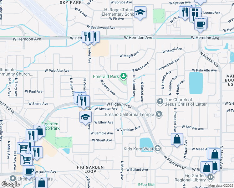 map of restaurants, bars, coffee shops, grocery stores, and more near 6442 North Gentry Avenue in Fresno