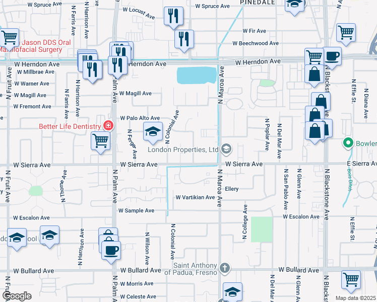 map of restaurants, bars, coffee shops, grocery stores, and more near 6451 North Wishon Avenue in Fresno