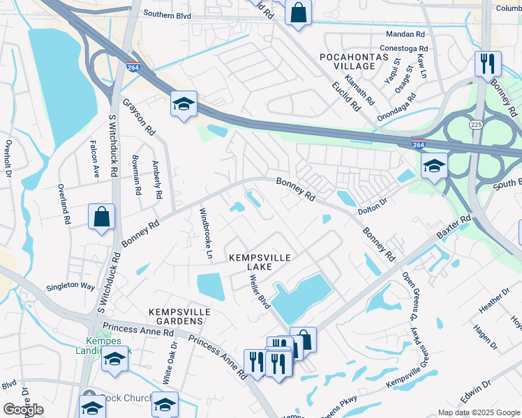map of restaurants, bars, coffee shops, grocery stores, and more near 4948 Kemps Lake Drive in Virginia Beach