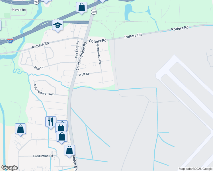 map of restaurants, bars, coffee shops, grocery stores, and more near 2229 Paris St in Virginia Beach